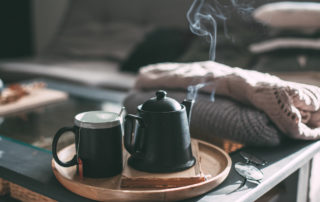 A tea kettle on the coffee table at Madison Heights senior apartments